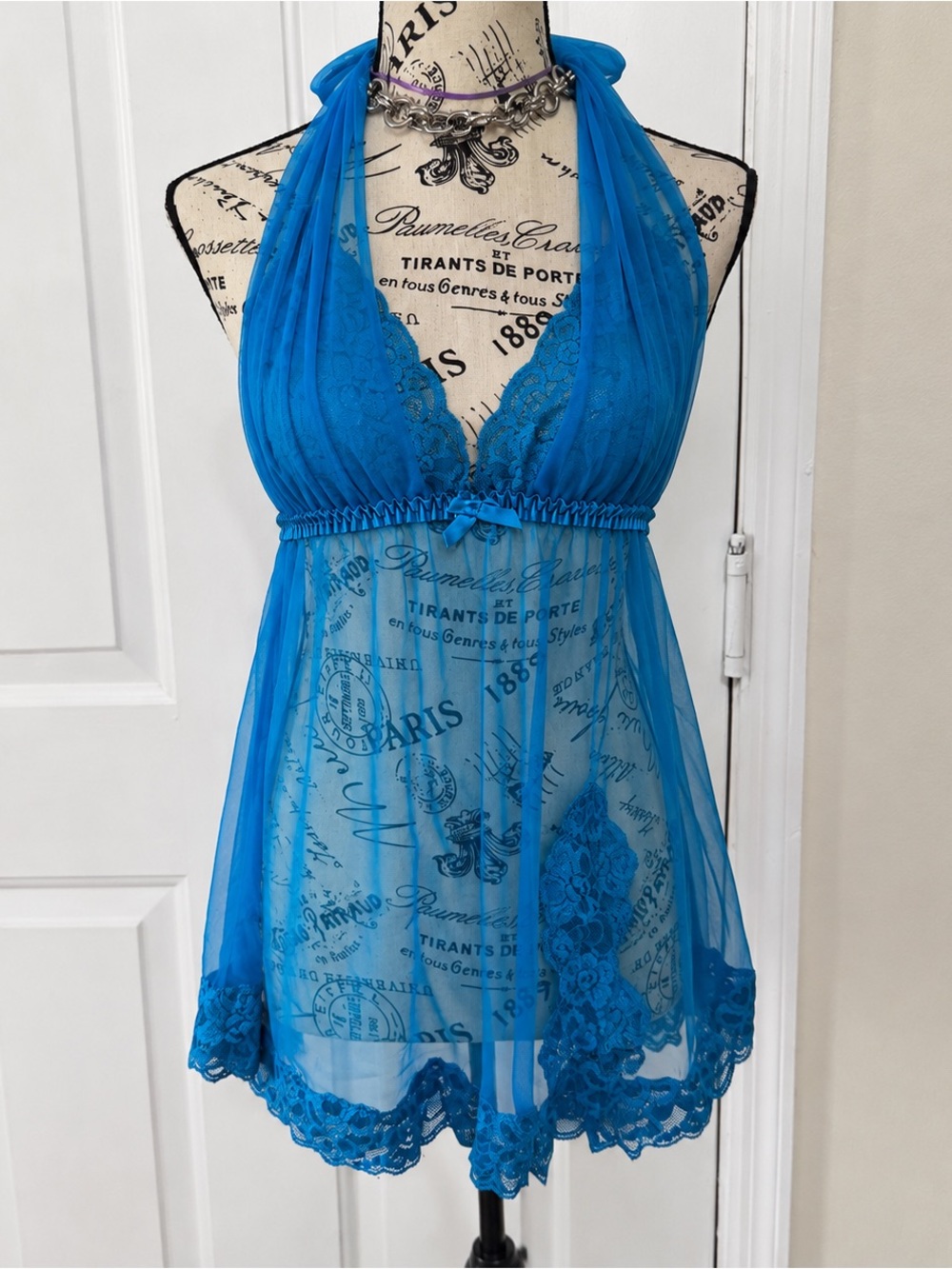 Frederick's of Hollywood Electric Blue Lace Halter Babydoll